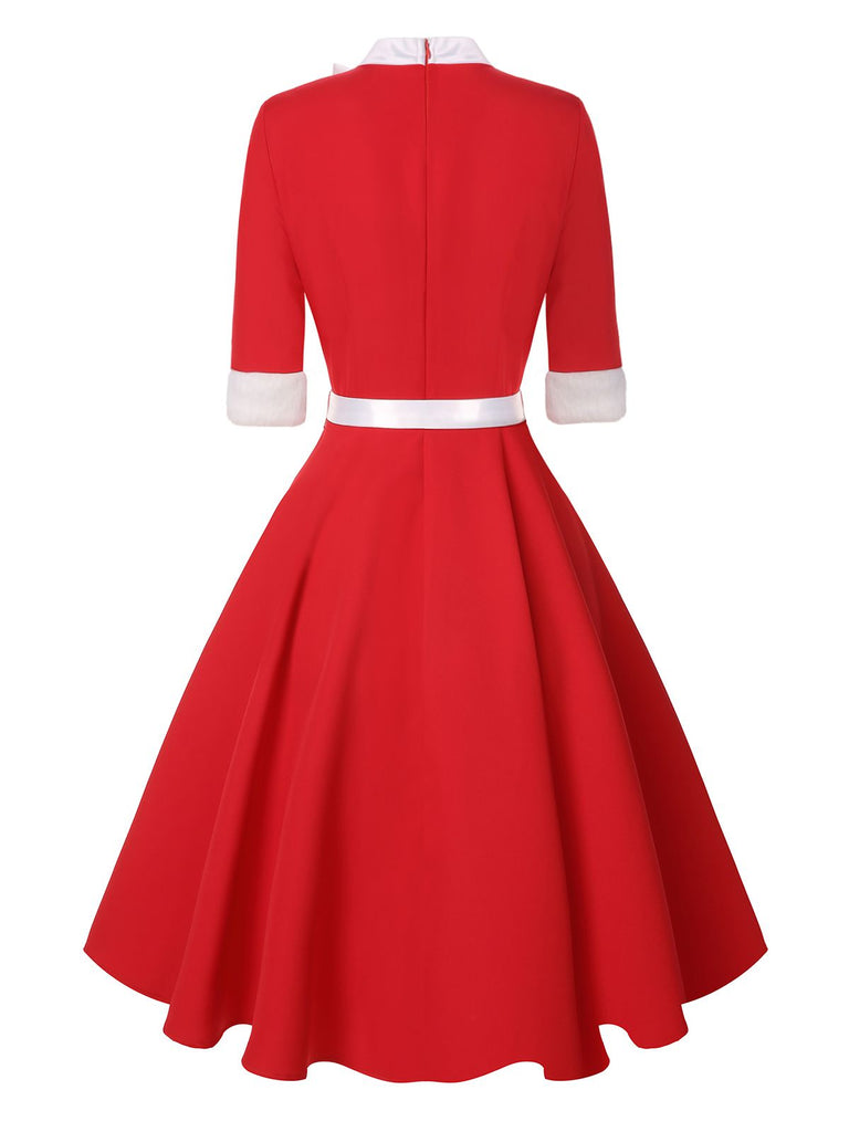 Abito con cintura patchwork e fiocco di alce rosso anni '50