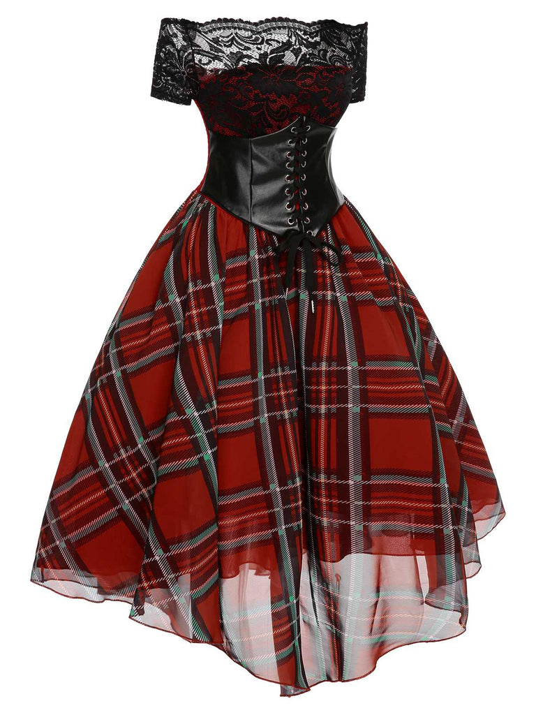 Abito a quadri in pizzo natalizi rosso anni '50