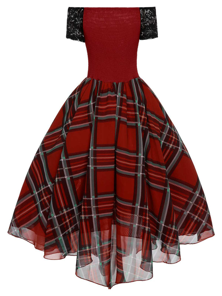 Abito a quadri in pizzo natalizi rosso anni '50