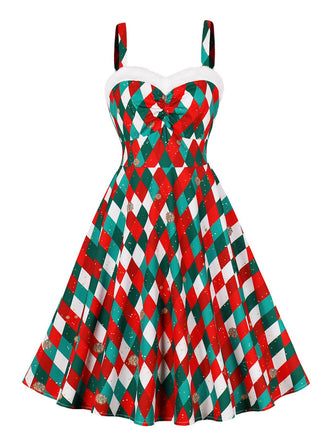 Abito con bretelle e collo in pelliccia natalizio anni '50