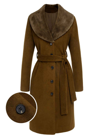 Cappotto con collo di pelliccia e cintura marrone anni '40