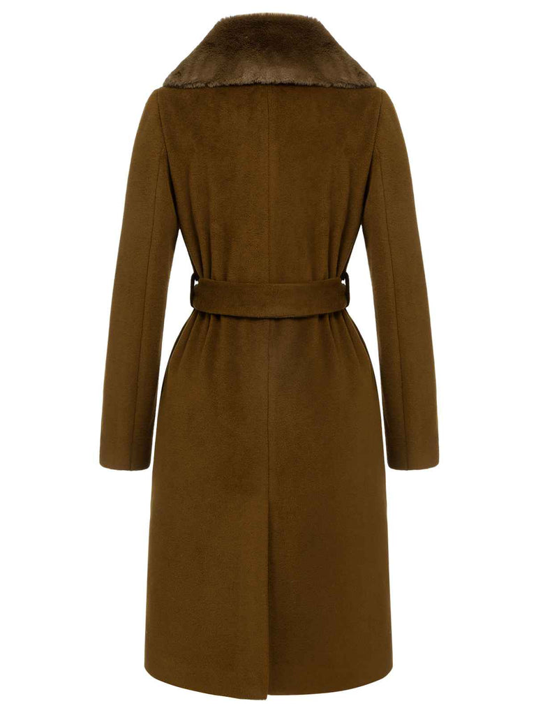 Cappotto con collo di pelliccia e cintura marrone anni '40