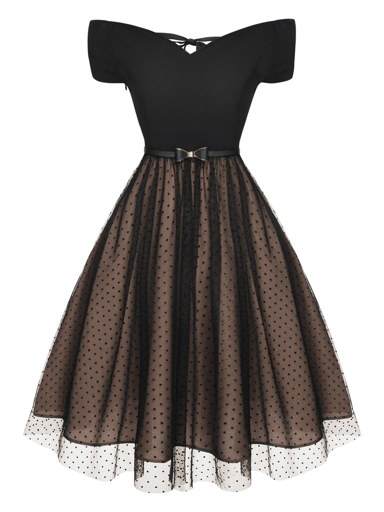 Abito con cintura a pois spalle scese bordeaux anni '50