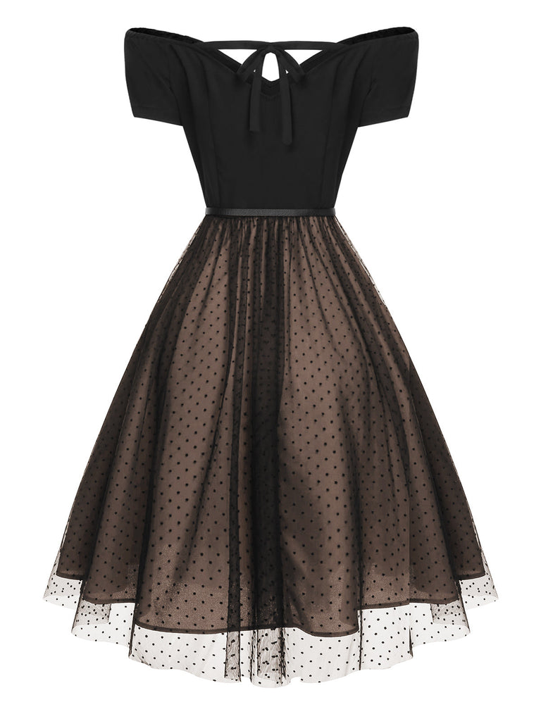 Abito con cintura a pois spalle scese bordeaux anni '50
