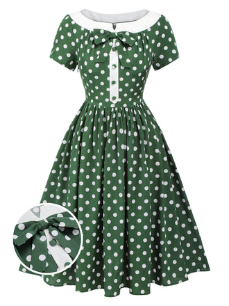 Abito patchwork con fiocco a pois verde anni '40