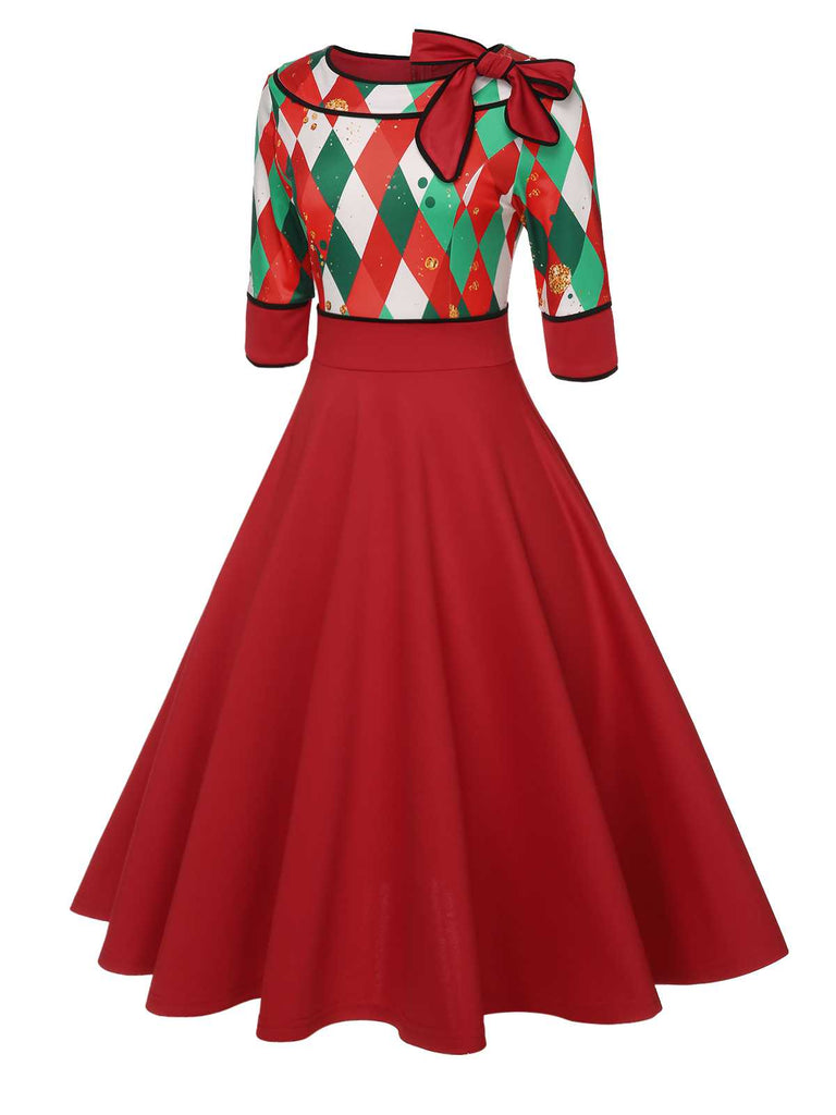Abito a quadri patchwork natalizio verde anni '50