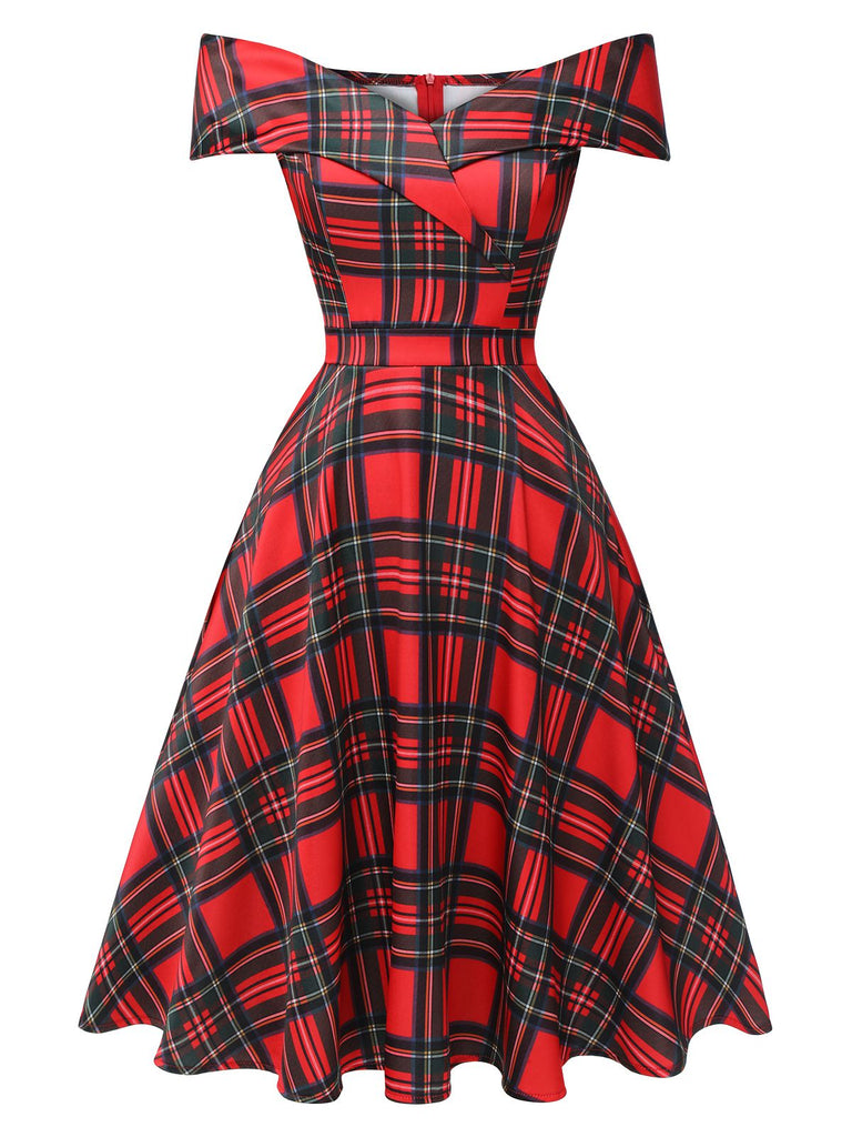Abito a quadri con spalle scoperte natalizi rosso anni '50