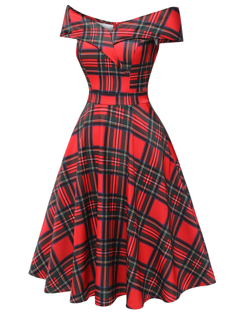 Abito a quadri con spalle scoperte natalizi rosso anni '50