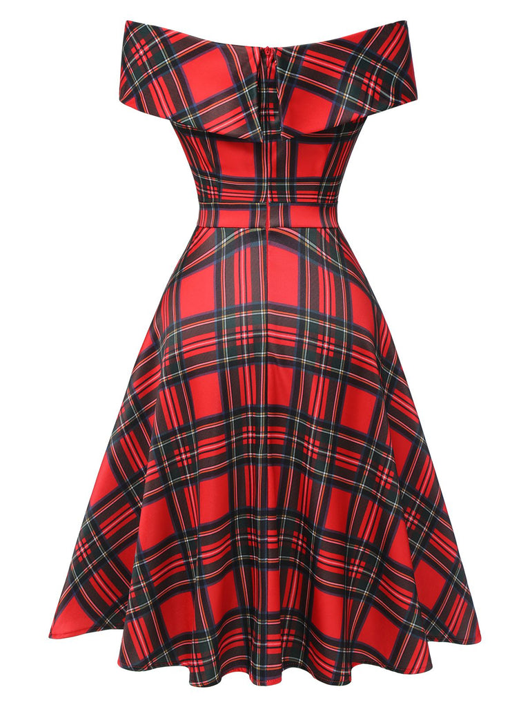 Abito a quadri con spalle scoperte natalizi rosso anni '50