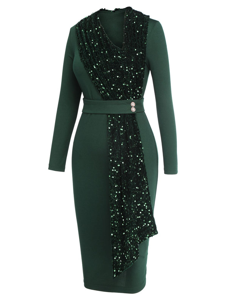 Abito glitterato con cintura e patchwork verde anni '60