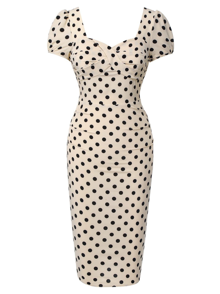 Abito maniche a sbuffo scollo quadrato a pois beige anni '60