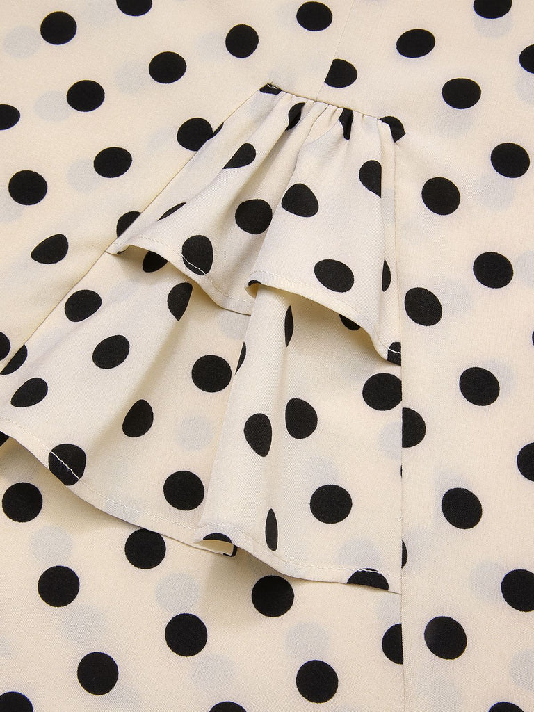 Abito maniche a sbuffo scollo quadrato a pois beige anni '60