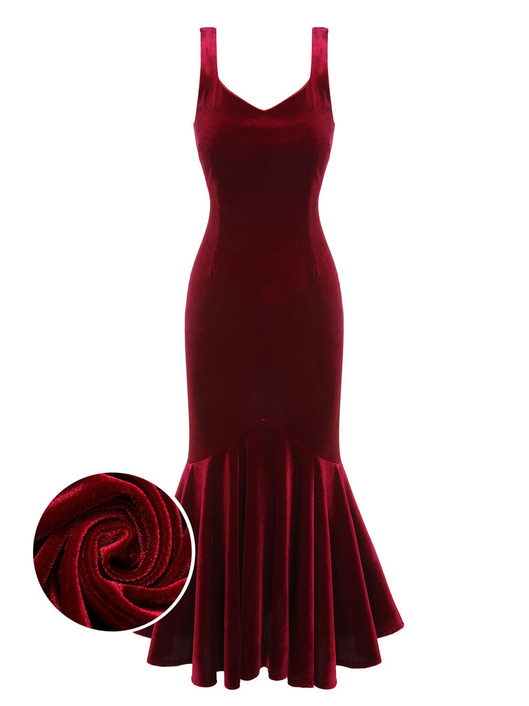 Abito da sirena in velluto con spalline bordeaux anni '30