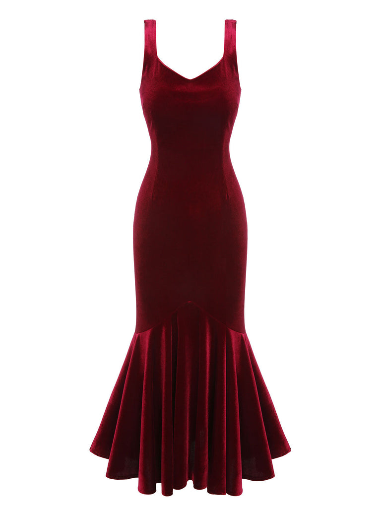Abito da sirena in velluto con spalline bordeaux anni '30