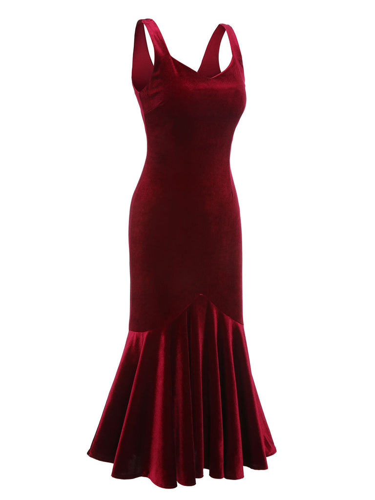 Abito da sirena in velluto con spalline bordeaux anni '30