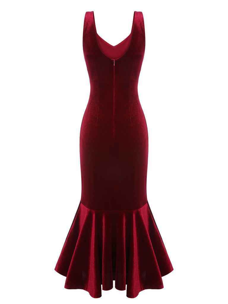 Abito da sirena in velluto con spalline bordeaux anni '30