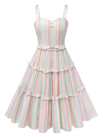 Abito a righe spalline sottili multicolore anni '50