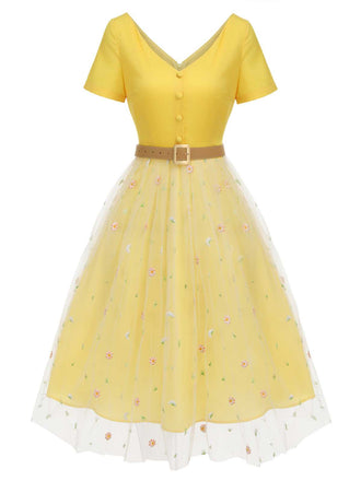 Abito in rete margherite scollo a V giallo anni '50