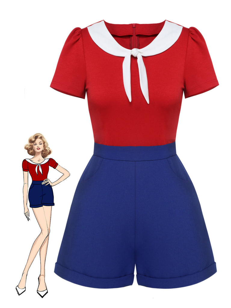 Tuta corta con cravatta tinta unita rosso e blu anni '50