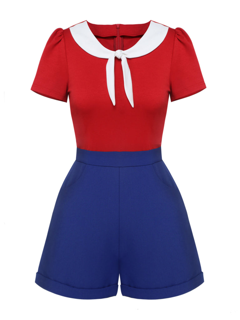 Tuta corta con cravatta tinta unita rosso e blu anni '50