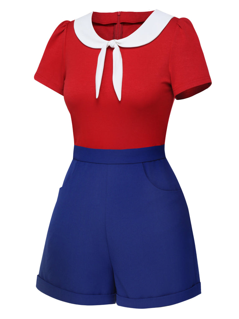 Tuta corta con cravatta tinta unita rosso e blu anni '50