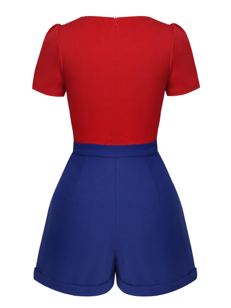 Tuta corta con cravatta tinta unita rosso e blu anni '50