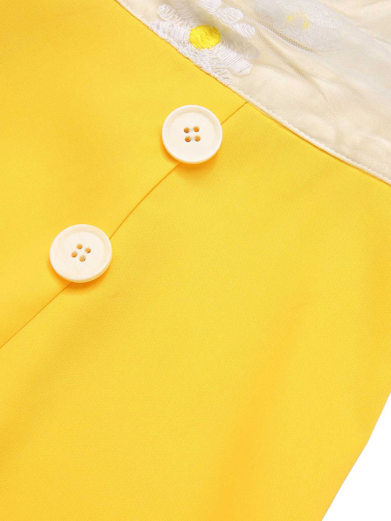 Tuta corta margherita in rete scollo a V giallo anni '50