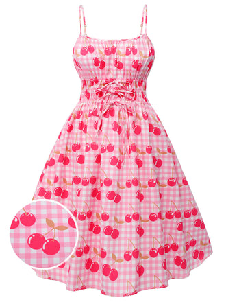 Abito ciliegie plaid con spalline sottili rosa anni '50
