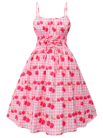 Abito ciliegie plaid con spalline sottili rosa anni '50