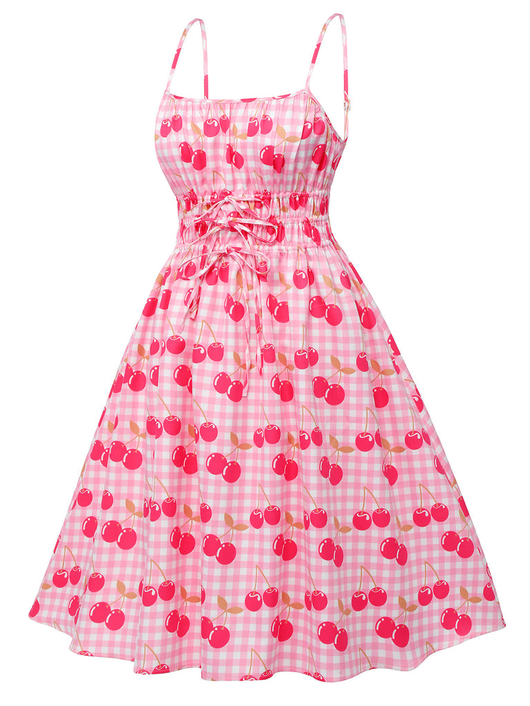 Abito ciliegie plaid con spalline sottili rosa anni '50
