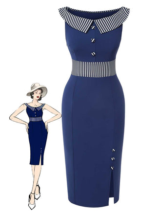 Abito a righe con bottoni blu scuro anni '60