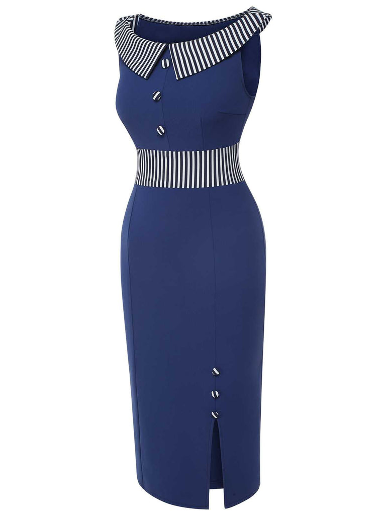 Abito a righe con bottoni blu scuro anni '60