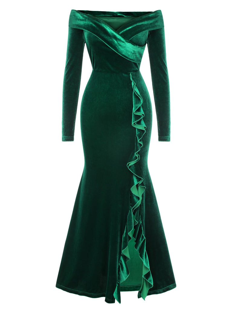 Abito da sirena in velluto e spalle scoperte verde anni '30