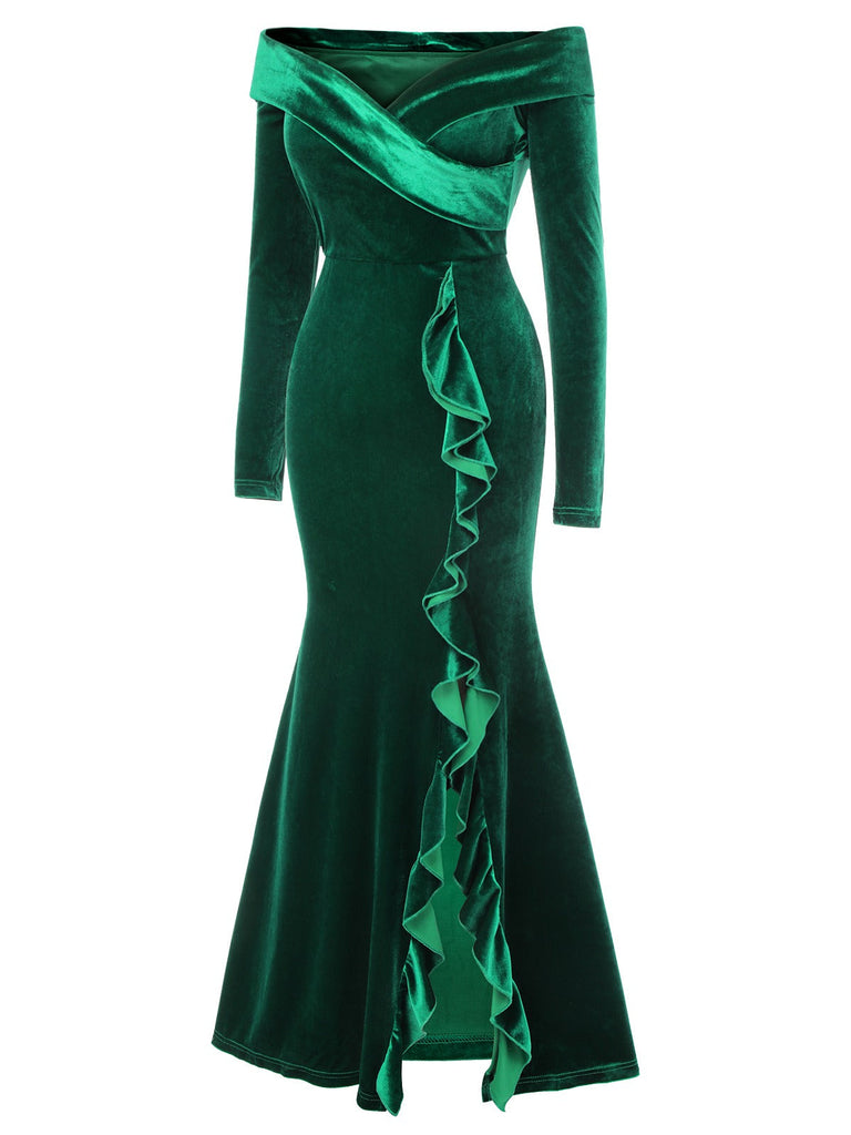 Abito da sirena in velluto e spalle scoperte verde anni '30