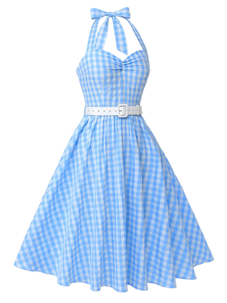 Abito a trapezi scollo all'americana a quadri blu anni '50
