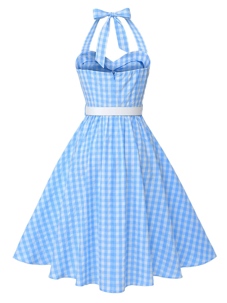 Abito a trapezi scollo all'americana a quadri blu anni '50