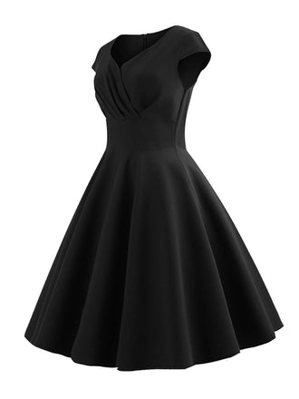 Abito a maniche corte scollo a cuore tinta unita nero anni '50