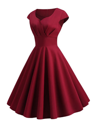 Abito a maniche corte scollo a cuore tinta unita rosso anni '50