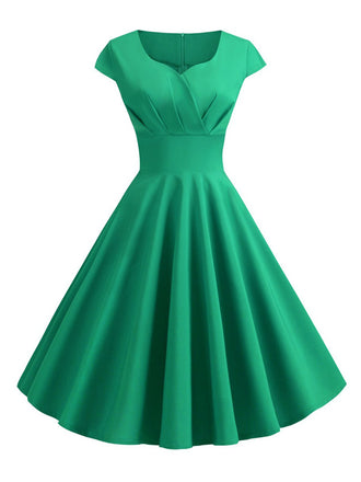 Abito a maniche corte scollo a cuore tinta unita verde anni '50