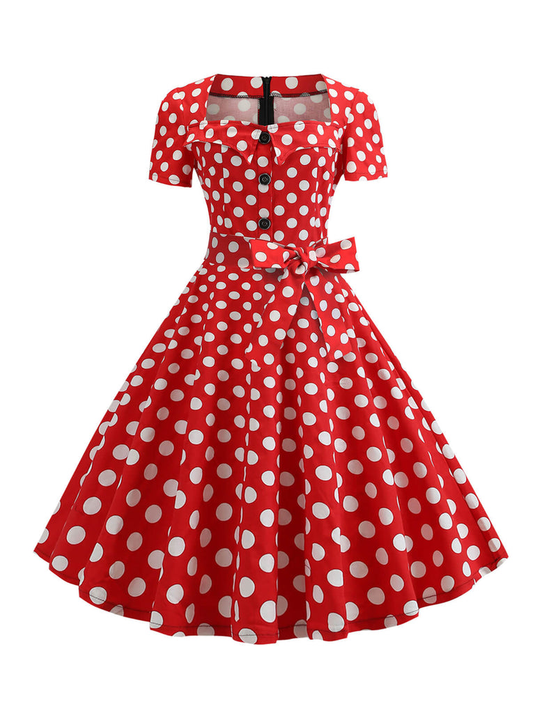 Abito con scollo quadrato fiocco a maniche corte anni '50