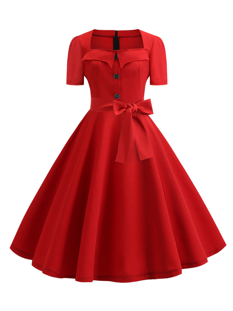 Abito con scollo quadrato fiocco a maniche corte anni '50
