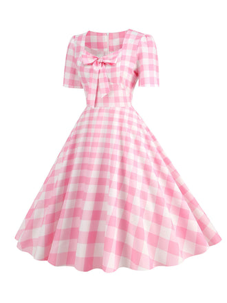 Abito a ruota pois fiocco a cuore rosa pallido anni '50