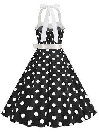 Abito a ruota a pois scollo all'americana nero anni '50