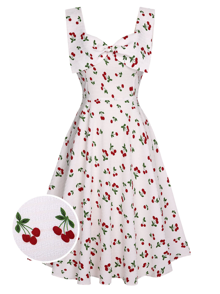 Abito scollo a cuore e fiocco di ciliegie bianco anni '50