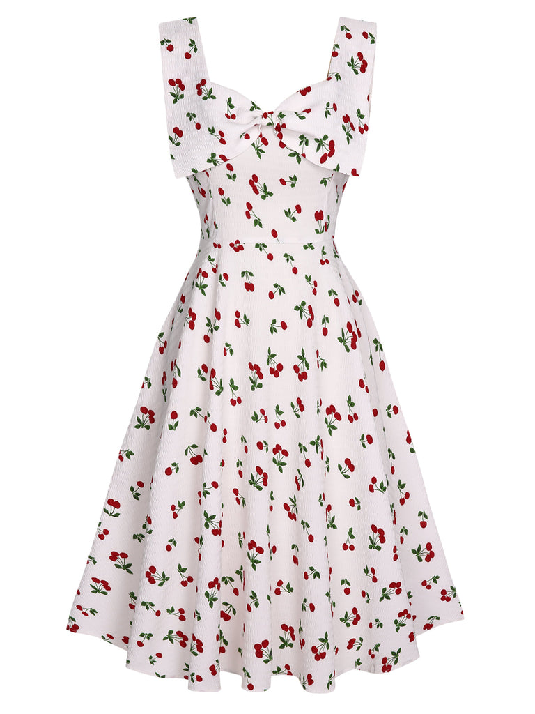 Abito scollo a cuore e fiocco di ciliegie bianco anni '50