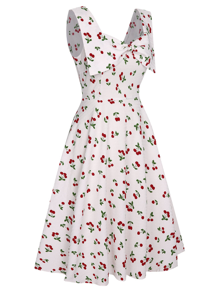 Abito scollo a cuore e fiocco di ciliegie bianco anni '50