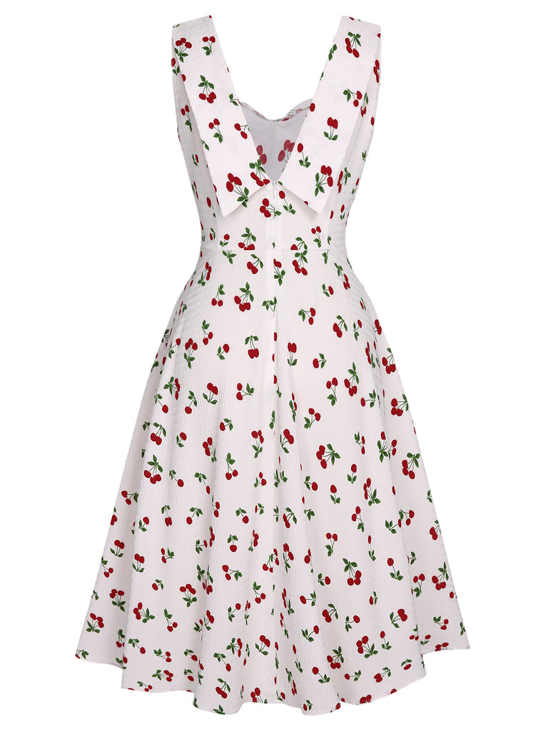 Abito scollo a cuore e fiocco di ciliegie bianco anni '50