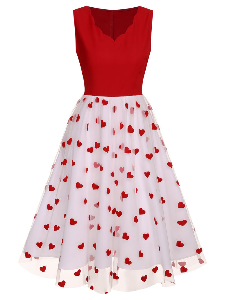 Abito a cuore con fiocco senza maniche rosso anni '50