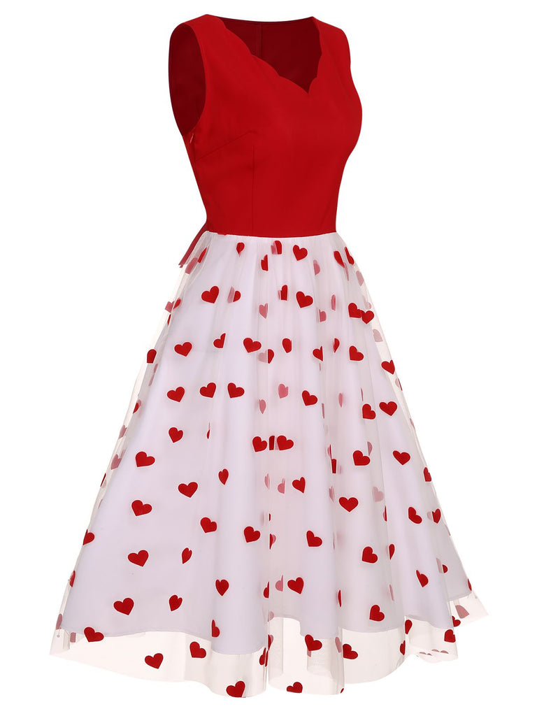 Abito a cuore con fiocco senza maniche rosso anni '50