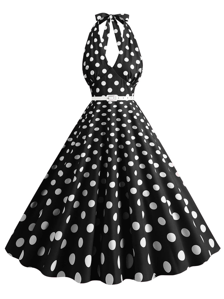 Abito a ruota a pois con scollo all'americana anni '50